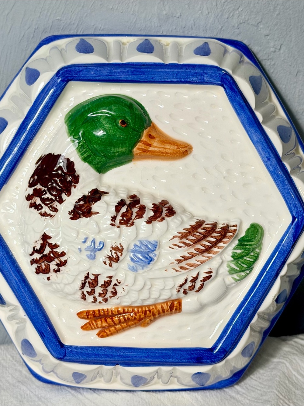 Vintage Hand-Painted Ceramic Mallard Duck Wall Plaque - Blue, Green, Orange - Picture 3 of 8